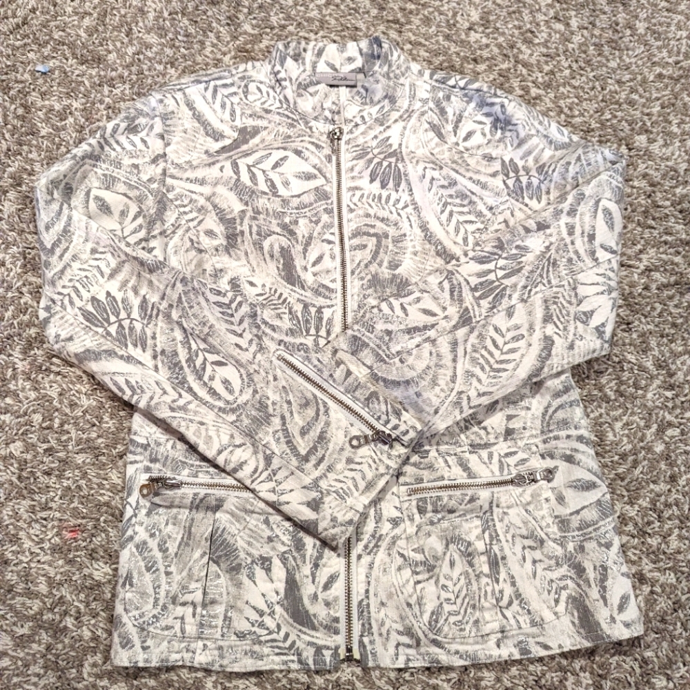 Chicos Jacket Womens 0 Platinum Metallic Full Zip Coat Long Sleeve Leaf XS-Small
